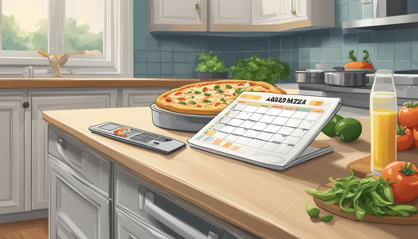 A slice of chicken alfredo pizza sits on a kitchen counter, surrounded by an open refrigerator and a calendar marking the date