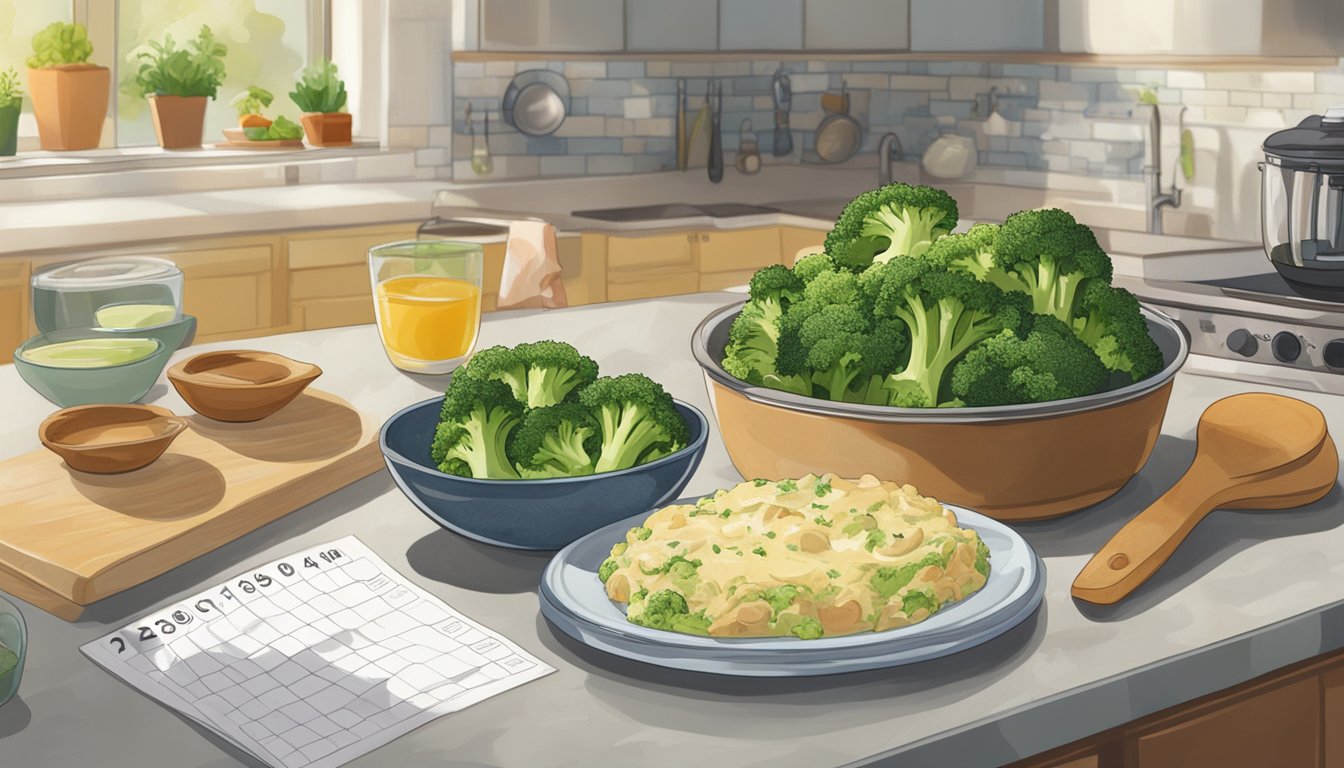 A chicken and broccoli casserole sits in a glass dish on a kitchen counter, surrounded by scattered ingredients and a calendar showing the date