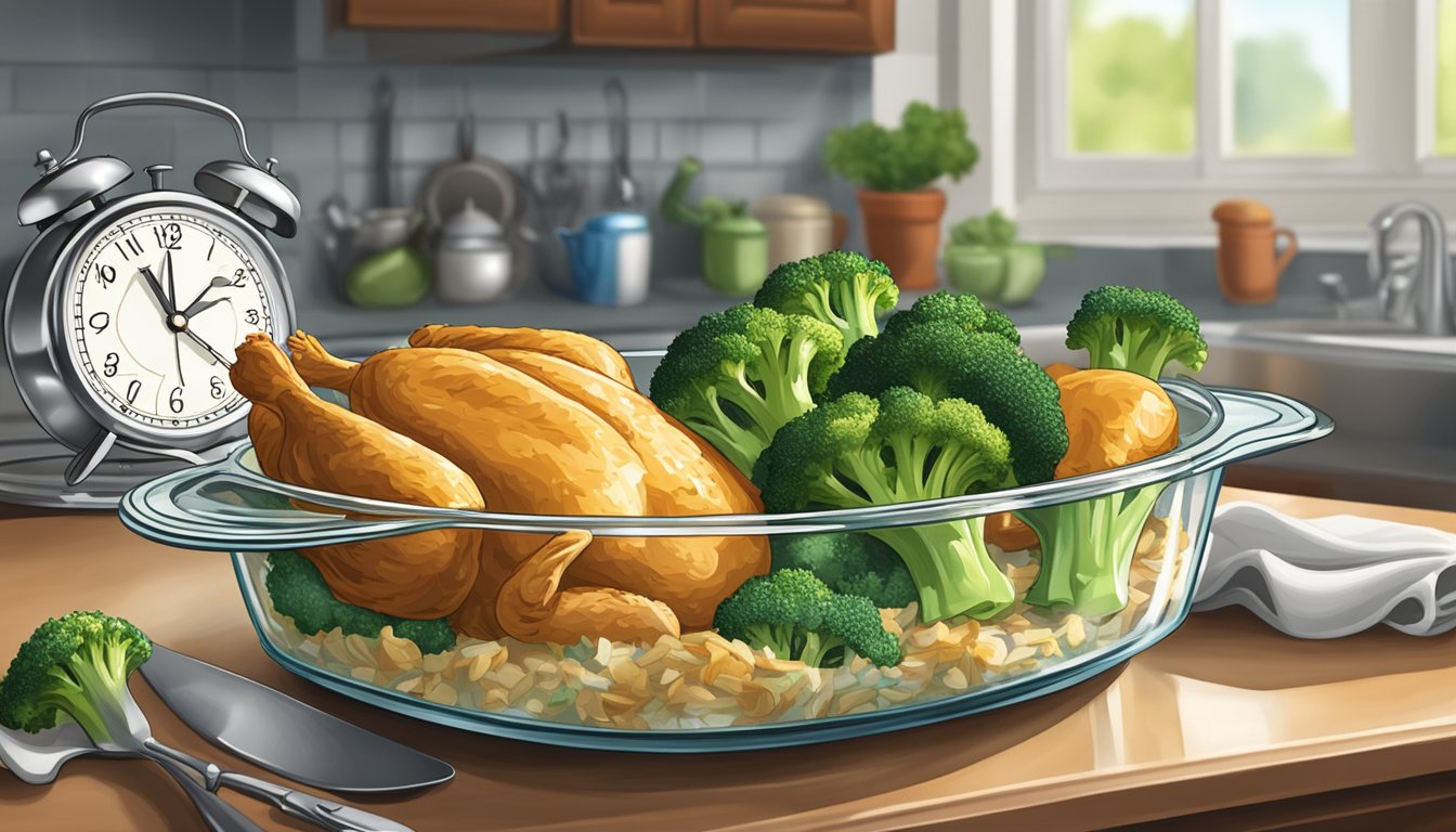 A chicken and broccoli casserole sits in a glass dish on a kitchen counter, covered with foil. A clock on the wall shows the passage of time