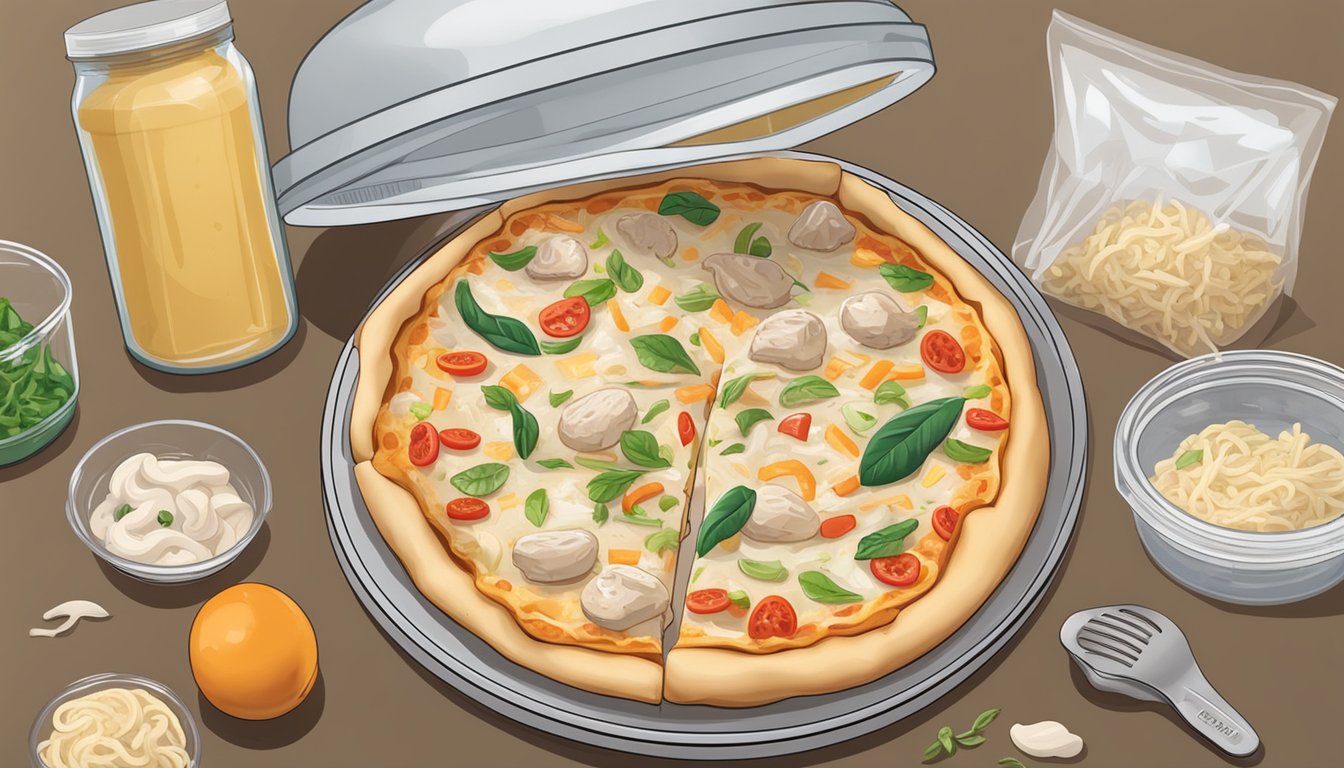 A cooked chicken alfredo pizza sits on a clean plate, covered with a transparent food storage wrap. The pizza is placed in the refrigerator next to other food items