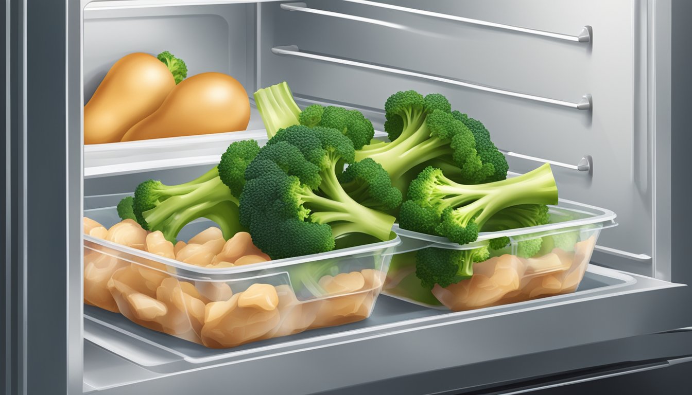 A sealed container of fresh chicken and broccoli in a refrigerator