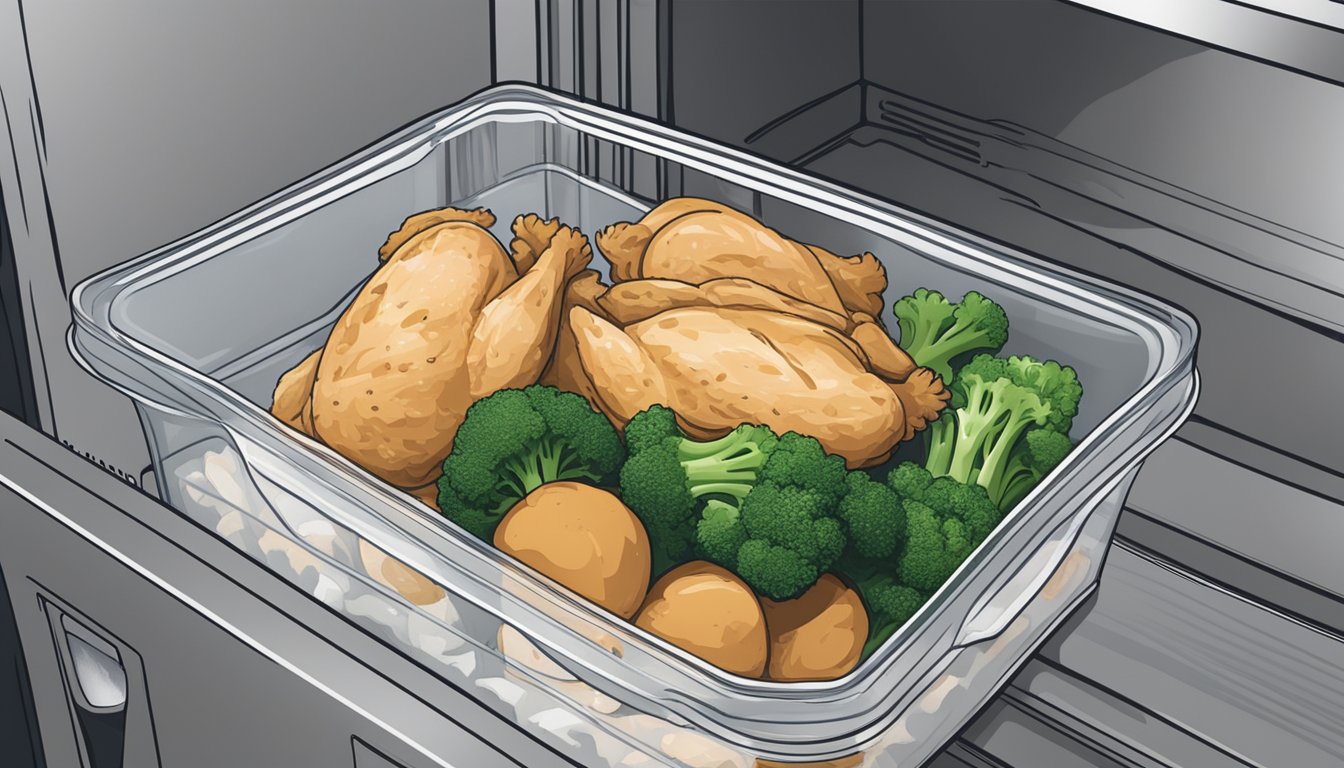 A sealed container of chicken and broccoli sits in a refrigerator, with a visible date label indicating the expiration date