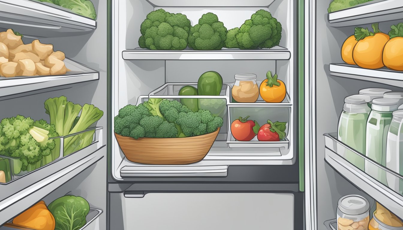 A fridge with chicken and broccoli in separate airtight containers, labeled with date of purchase, surrounded by fresh produce and dairy products