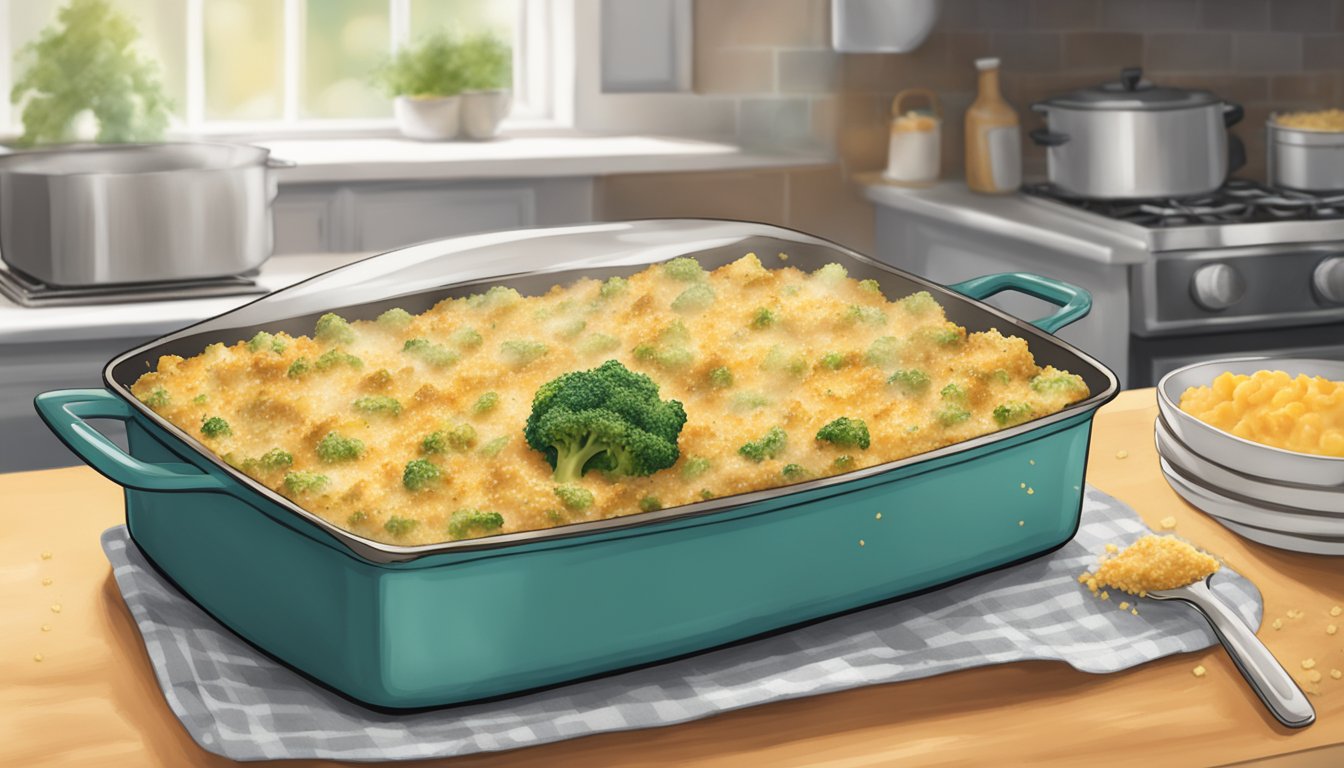 A steaming chicken and broccoli casserole sits on a kitchen counter, covered in melted cheese and breadcrumbs. A timer on the stove reads "30 minutes."