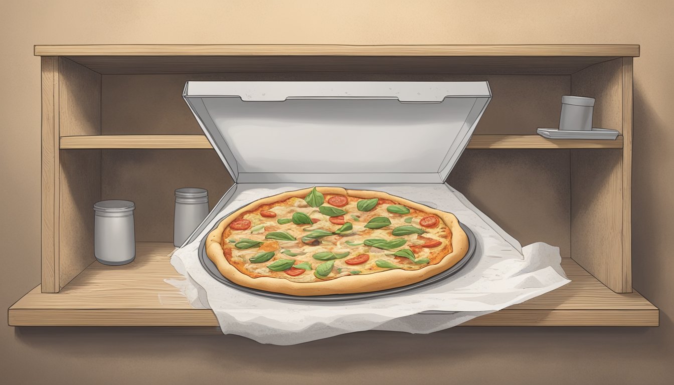 A pizza box sits on a dusty shelf, its contents long forgotten. Mold begins to creep across the once appetizing chicken alfredo pizza, evidence of its extended storage