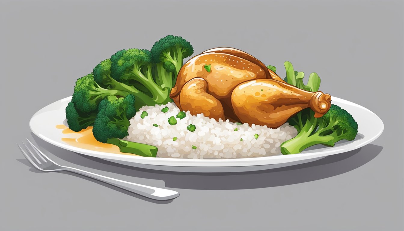 A fresh chicken and broccoli dish is being prepared and served on a clean white plate with a side of rice. The steam rises from the hot food