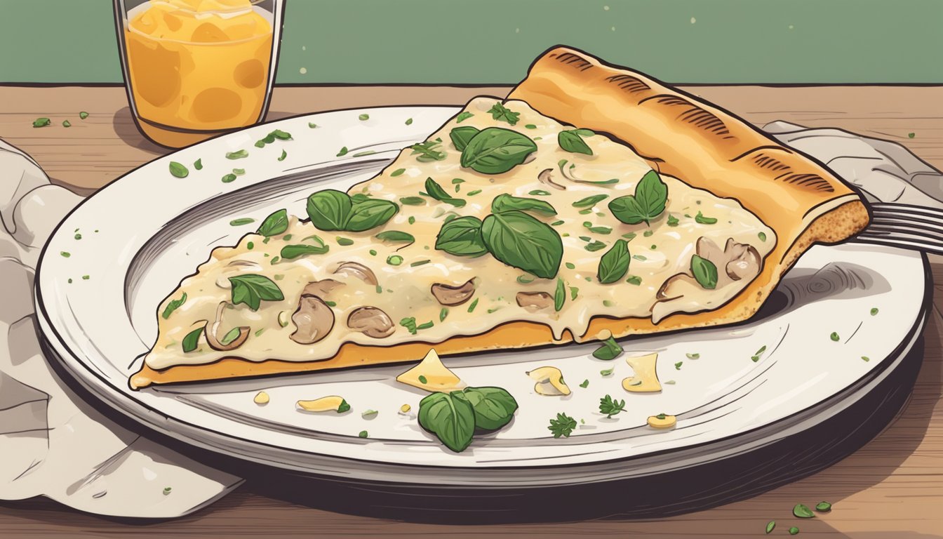 A slice of chicken alfredo pizza sits on a plate, surrounded by melted cheese and sprinkled with herbs. The pizza is starting to cool, with steam rising from the toppings