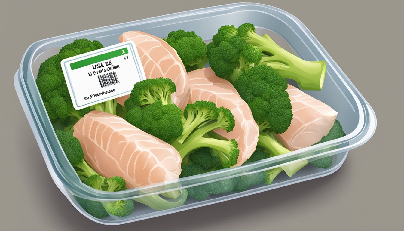 A fresh head of broccoli and raw chicken breast in a sealed container, with a "use by" date label visible