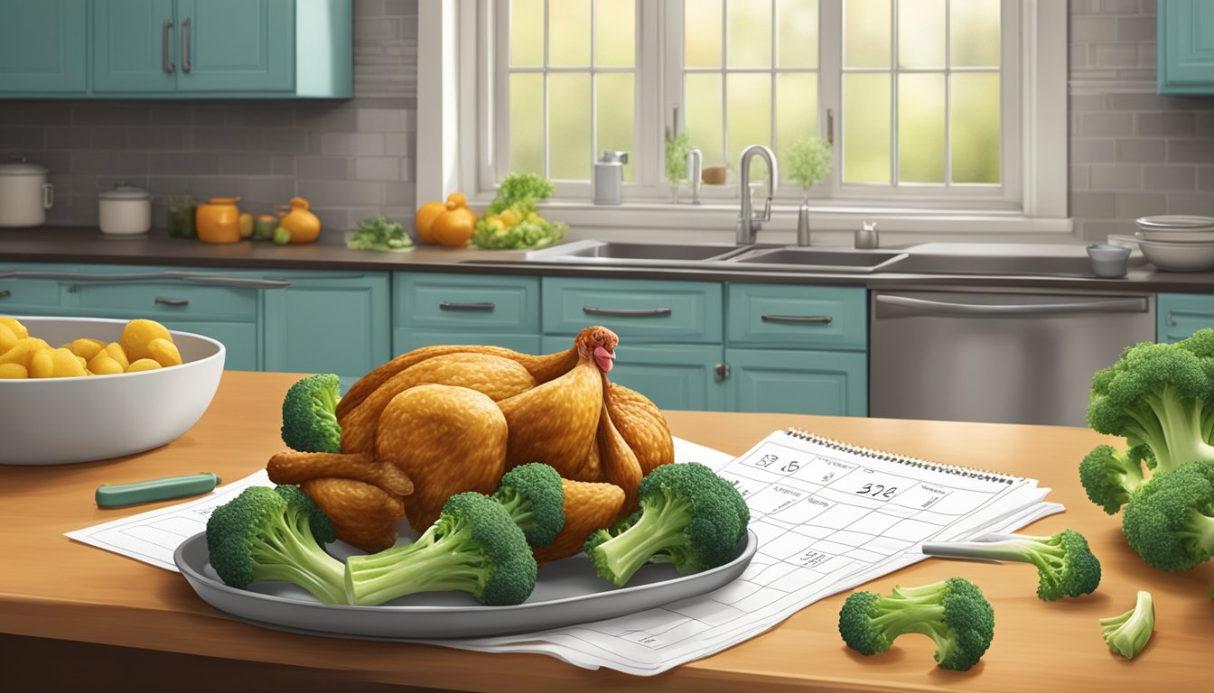 A fresh chicken and broccoli sitting on a kitchen counter, with a calendar in the background indicating the date