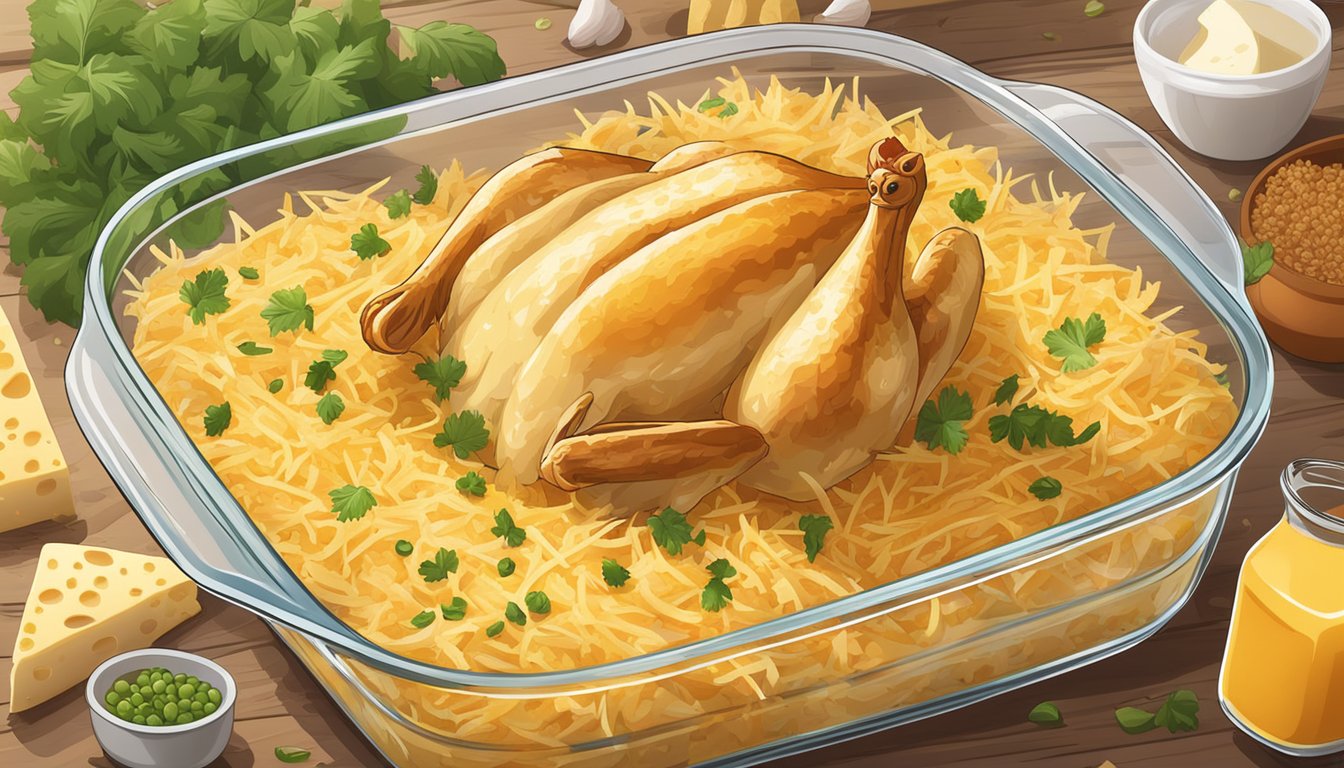 A bubbling chicken and cheese casserole sits in a glass baking dish on a wooden table, surrounded by scattered ingredients like shredded cheese and diced chicken