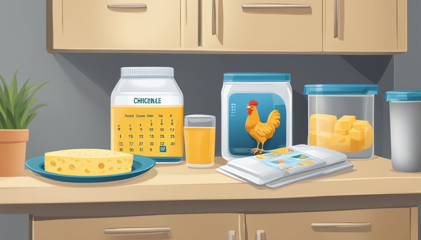 A chicken and cheese casserole sits in a sealed container in the refrigerator. A calendar on the wall shows the current date