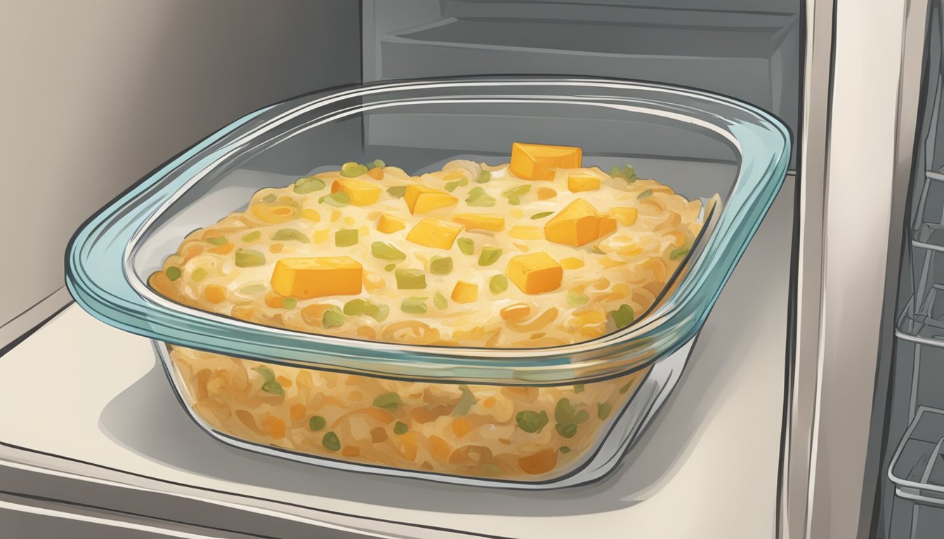 A chicken and cheese casserole sits in a sealed glass dish in the refrigerator. The dish is labeled with the date it was made