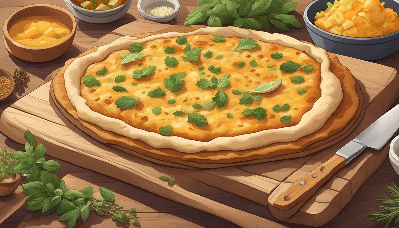 A freshly baked chicken and cheese flatbread sits on a wooden cutting board, surrounded by vibrant herbs and spices