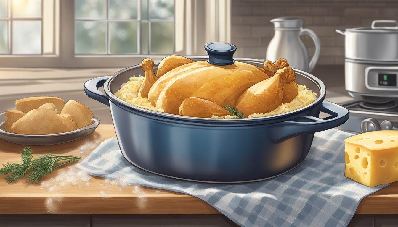 A casserole dish with chicken and cheese sits on a kitchen counter, surrounded by frost and then slowly thawing as time passes