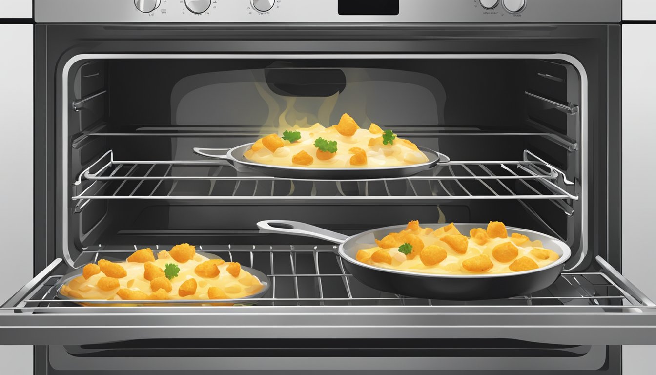 A casserole dish with chicken and cheese, being reheated in the oven