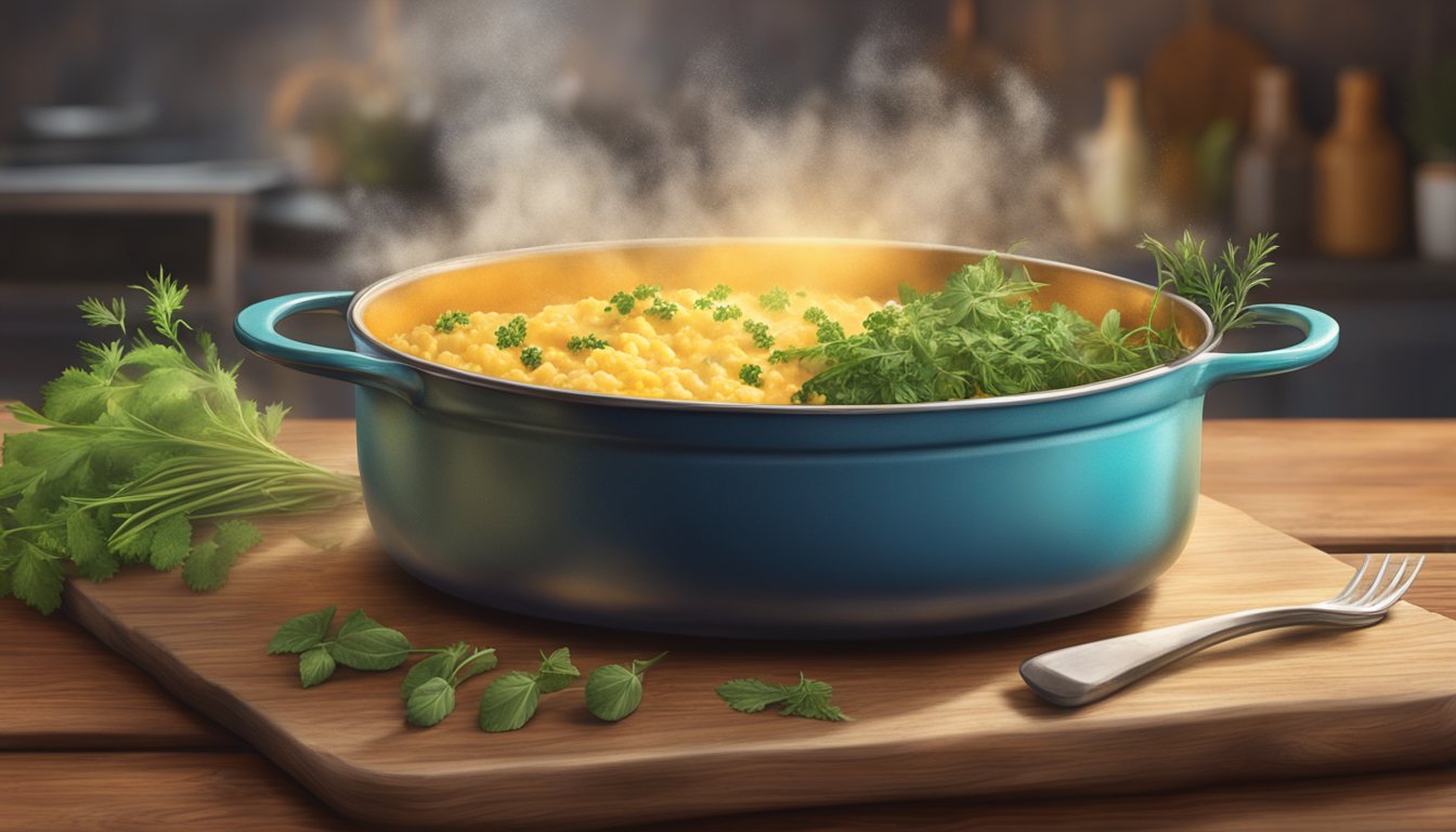 A bubbling casserole dish sits on a rustic wooden table, steam rising from the golden brown cheese topping. A scattering of fresh herbs adds a pop of color to the scene