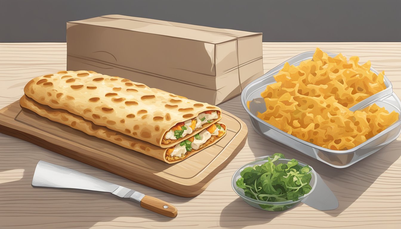 A chicken and cheese flatbread sits on a wooden cutting board next to a container of leftovers. The flatbread is wrapped in foil to keep it fresh