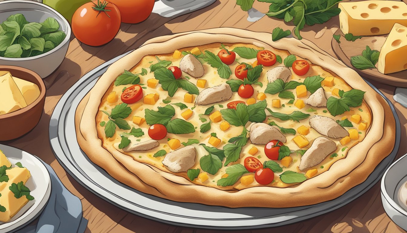 A chicken and cheese flatbread is shown on a clean plate with vibrant, fresh ingredients surrounding it. The flatbread appears to be in perfect condition, indicating that it has been well-preserved