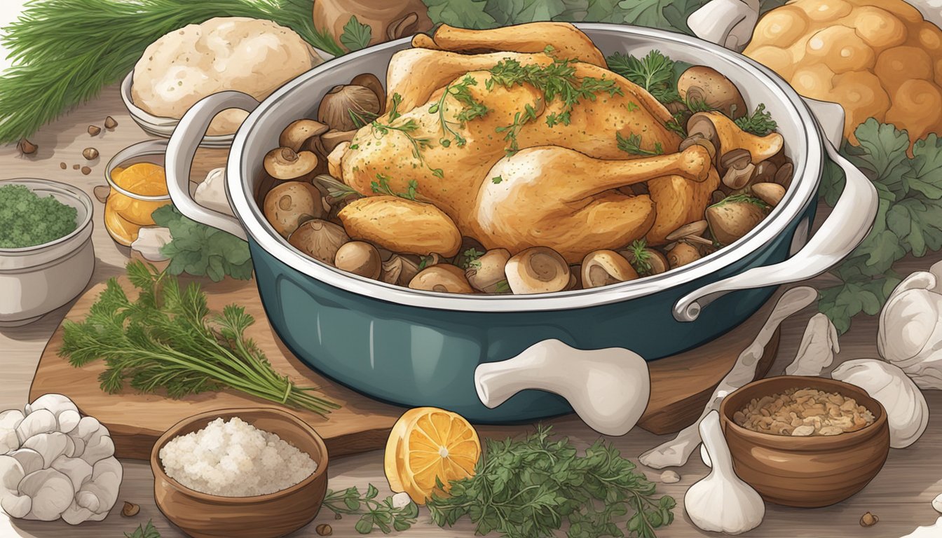 A bubbling casserole dish filled with tender chicken and earthy mushrooms, surrounded by a scattering of fresh herbs and spices