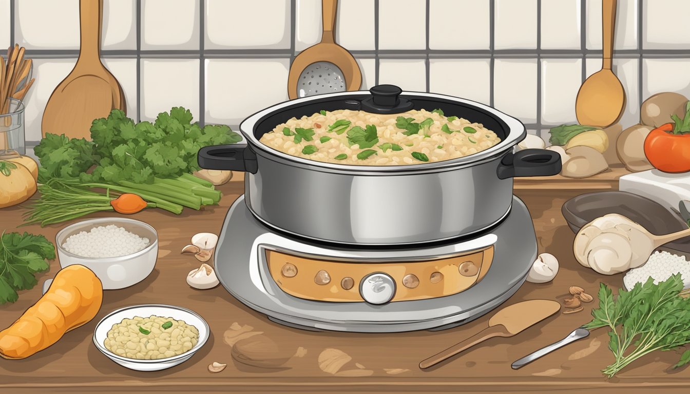 A pot of chicken and mushroom risotto sits on a stovetop, steam rising, surrounded by fresh ingredients and cooking utensils