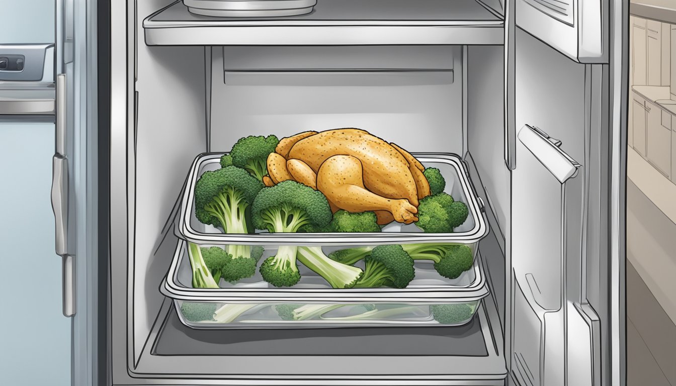 A container of chicken, broccoli, and noodles sits in a refrigerator. The food is sealed and labeled with the date it was prepared