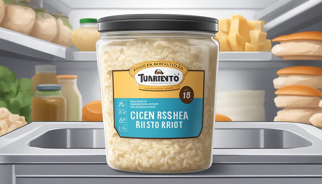 A sealed container of chicken and mushroom risotto sits in a refrigerator, with a date label indicating the day it was prepared