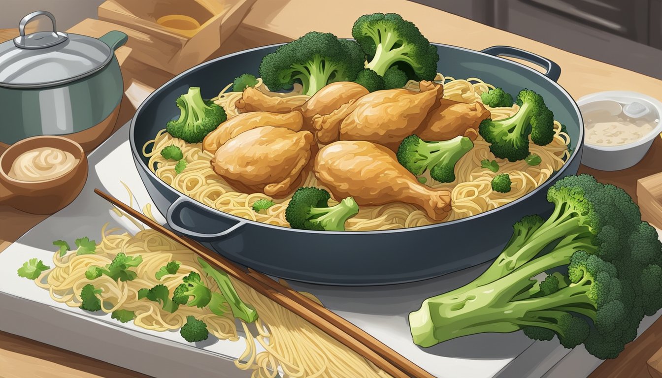 A plate of chicken and broccoli with noodles sits on a kitchen table, surrounded by fresh ingredients and a steaming pot