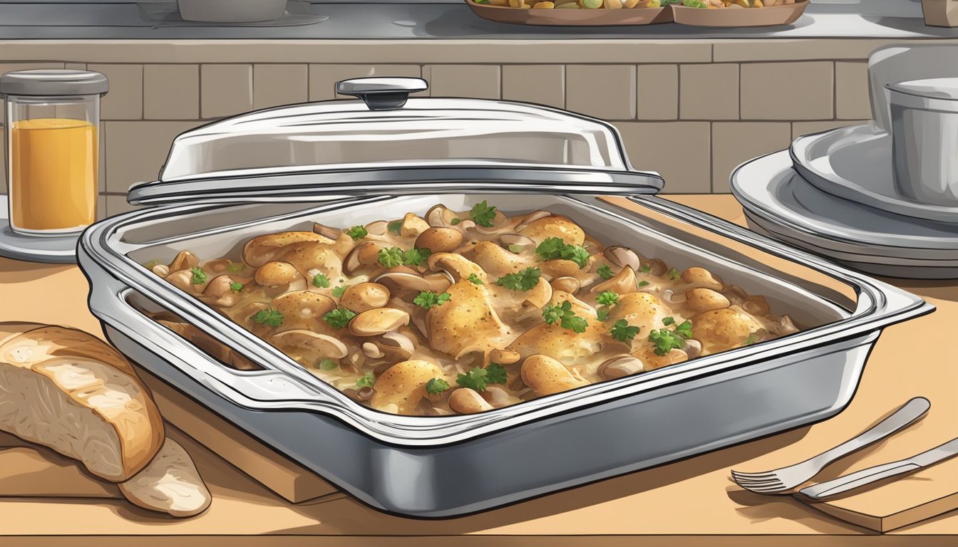 A freshly cooked chicken and mushroom casserole sits on a kitchen counter, covered with a lid to maximize its shelf life