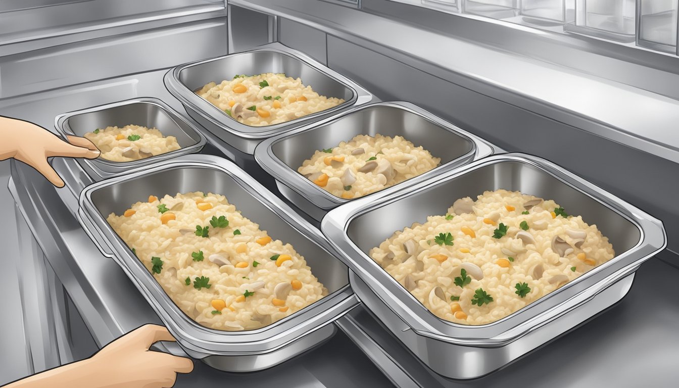 A pot of chicken and mushroom risotto being carefully portioned into airtight containers and placed in the freezer