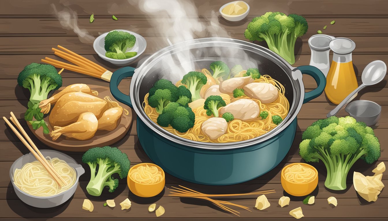 A pot of boiling water with chicken, broccoli, and noodles, surrounded by various cooking utensils and ingredients