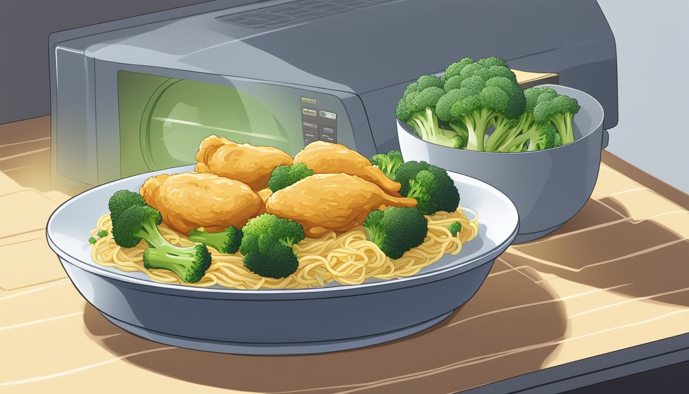 A plate of chicken and broccoli with noodles being reheated in a microwave