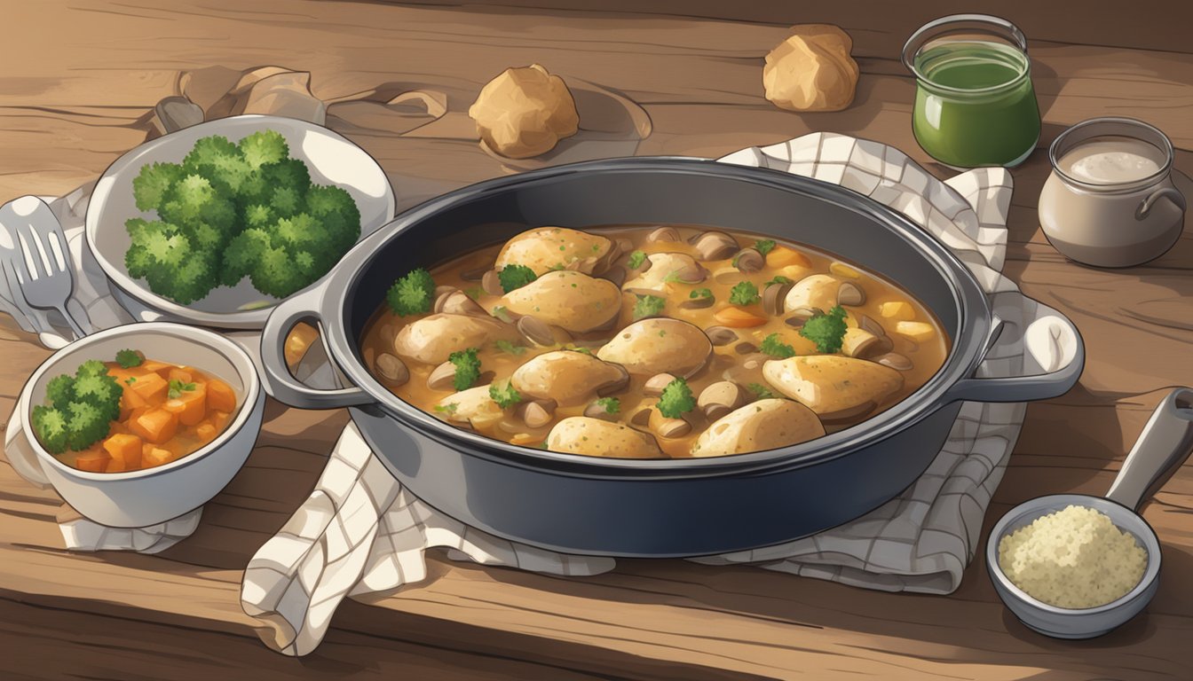 A steaming casserole dish filled with chicken, mushrooms, and savory sauce, sitting on a rustic wooden table