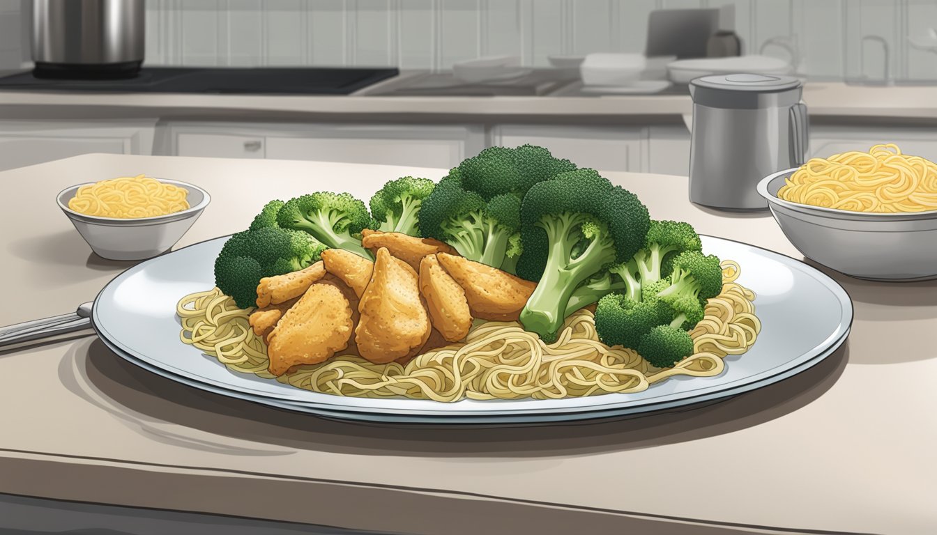 A plate of chicken and broccoli with noodles sits on a kitchen counter, covered with a clear lid. The food appears fresh and ready to be eaten