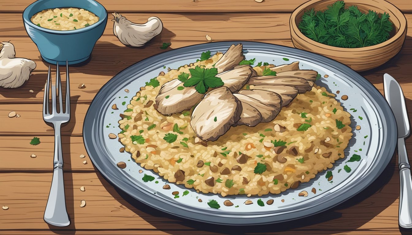 A colorful plate of chicken and mushroom risotto sits on a rustic wooden table, surrounded by scattered herbs and spices. A fork rests next to the plate, indicating that someone has just finished enjoying the dish