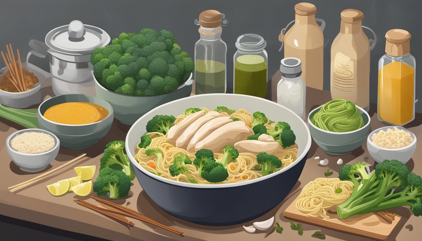 A steaming bowl of chicken and broccoli noodles sits on a kitchen counter, surrounded by various ingredients and spice jars