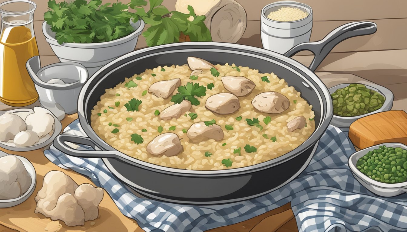 A pot of chicken and mushroom risotto sits on a kitchen counter, surrounded by ingredients and utensils. The risotto is beginning to show signs of spoilage with a slightly off smell and discoloration