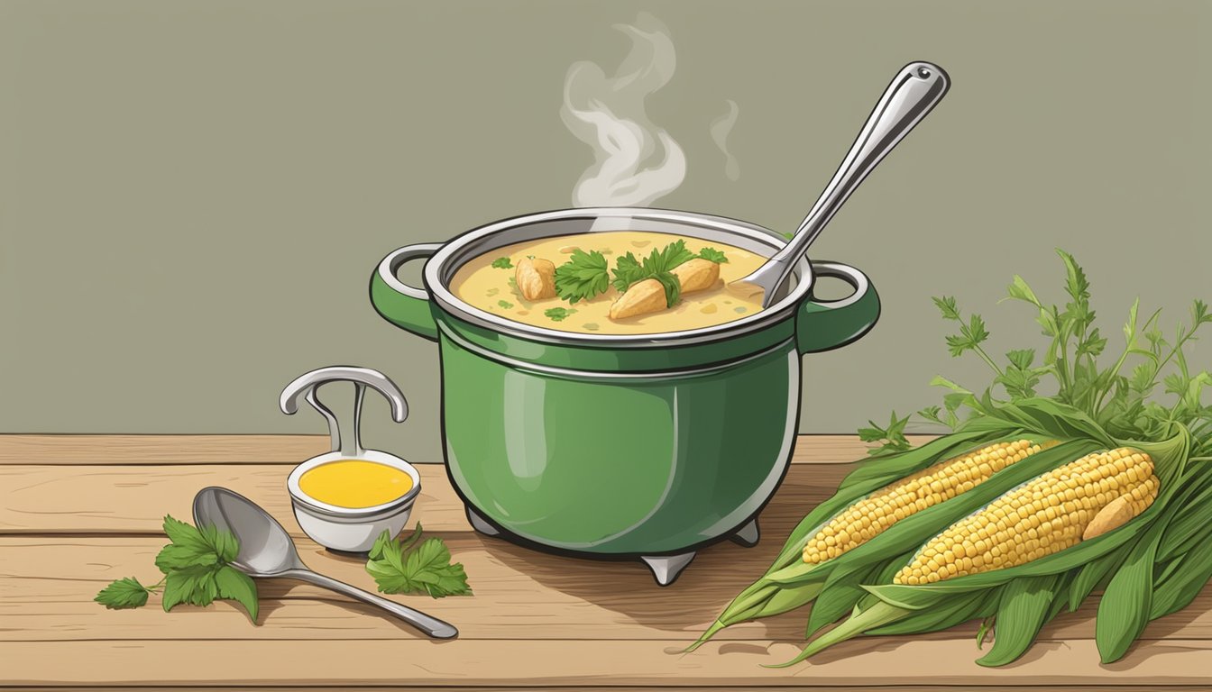 A steaming pot of chicken and corn chowder sits on a rustic wooden table, surrounded by fresh ears of corn, vibrant green herbs, and a ladle resting on the edge