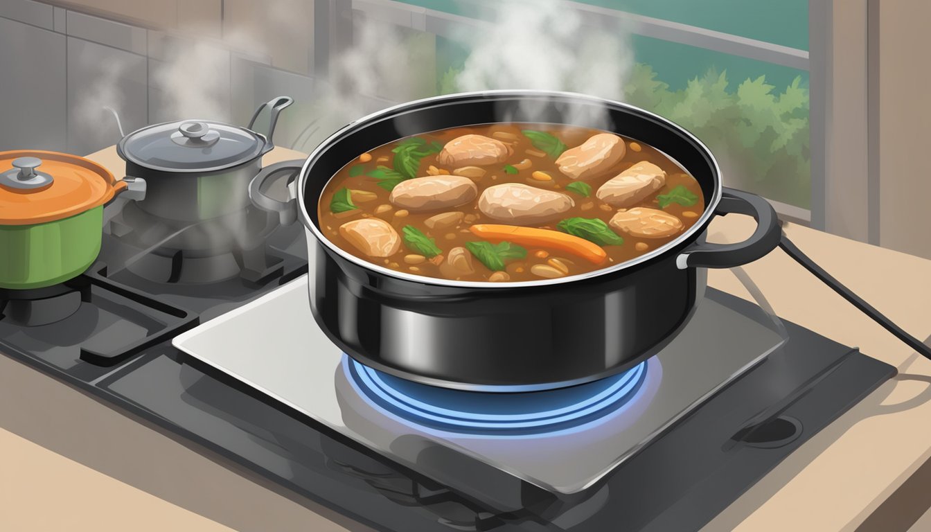 A simmering pot of chicken and sausage gumbo on a stovetop. A rich, savory aroma fills the kitchen as steam rises from the bubbling mixture