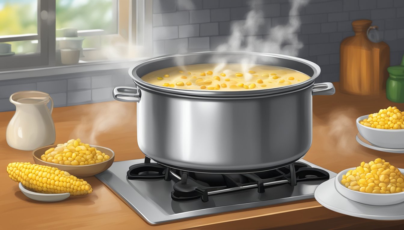 A pot of chicken and corn chowder simmering on a stove, steam rising from the bubbling mixture. A clock on the wall shows the current time