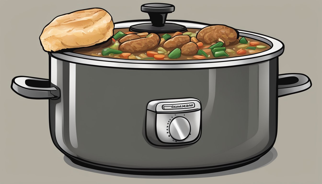 A pot of chicken and sausage gumbo sits on a stovetop, with a lid securely placed on top to keep it fresh