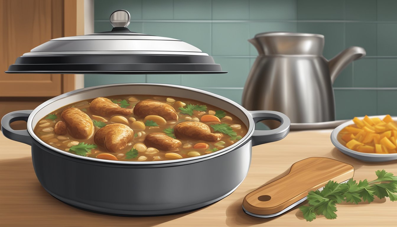 A pot of chicken and sausage gumbo sits on a kitchen counter, covered with a tight-fitting lid to maximize its shelf life