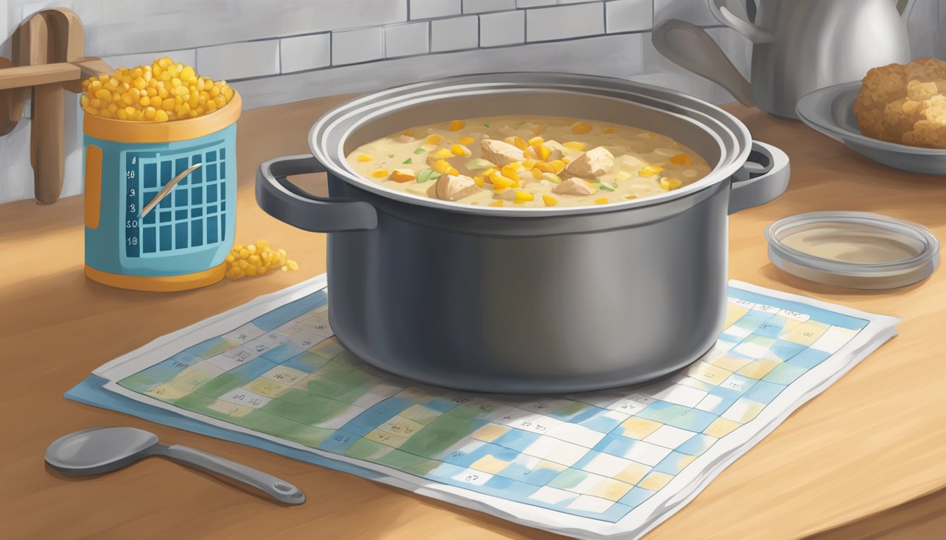 A pot of chicken and corn chowder sits on a kitchen counter, covered with a lid. A calendar on the wall shows the current date