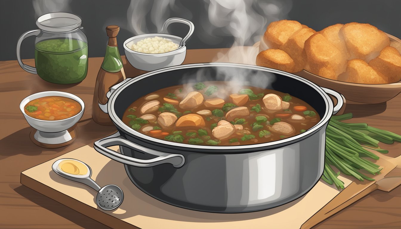 A pot of gumbo on a stovetop, steam rising as it reheats. Ingredients like chicken and sausage visible in the rich, flavorful broth