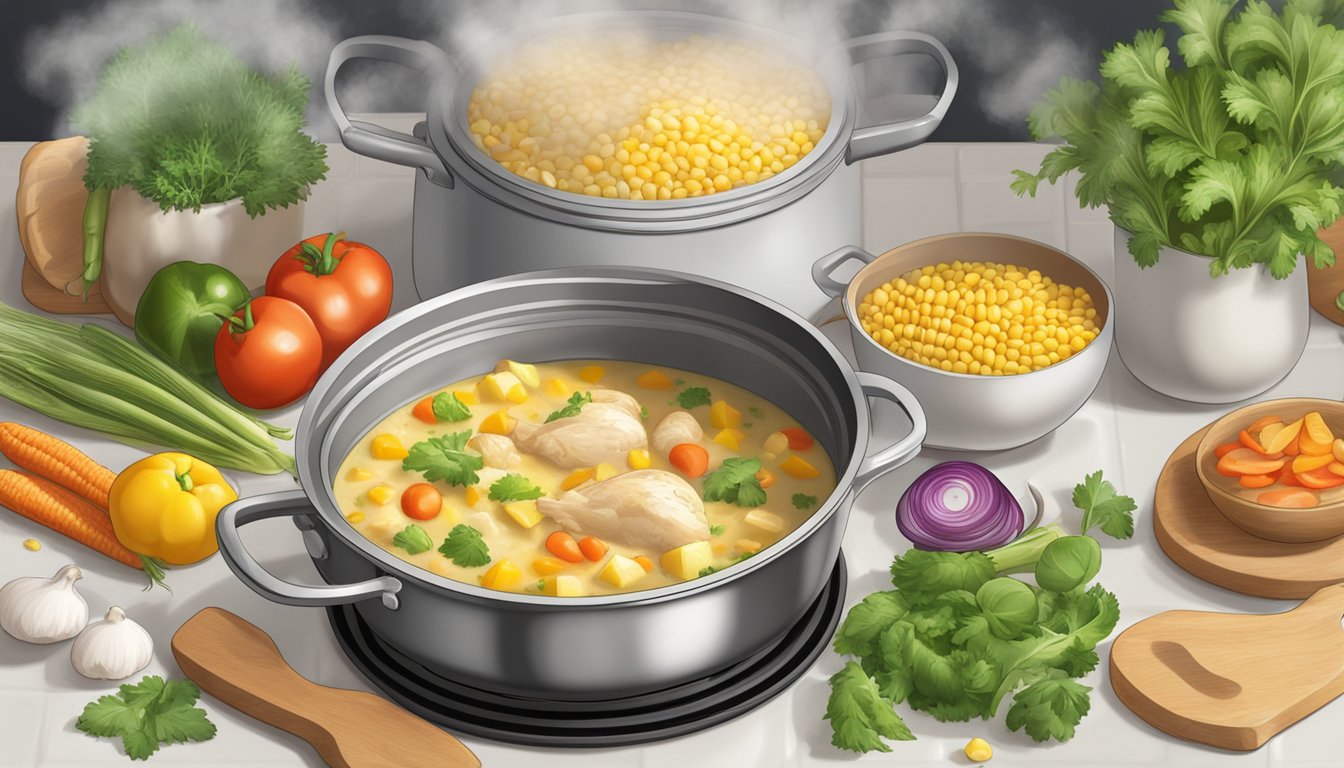 A pot of chicken and corn chowder sitting on a stovetop, steam rising from the surface, surrounded by fresh vegetables and herbs