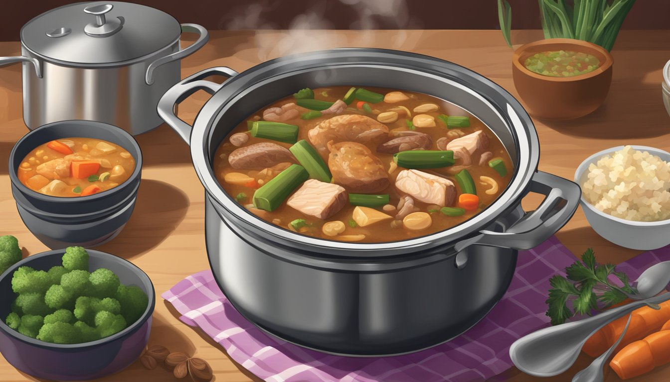 A pot of gumbo sits on a stovetop, steam rising from the rich, savory broth. Pieces of chicken and sausage float among the vegetables and spices, creating a hearty and delicious meal