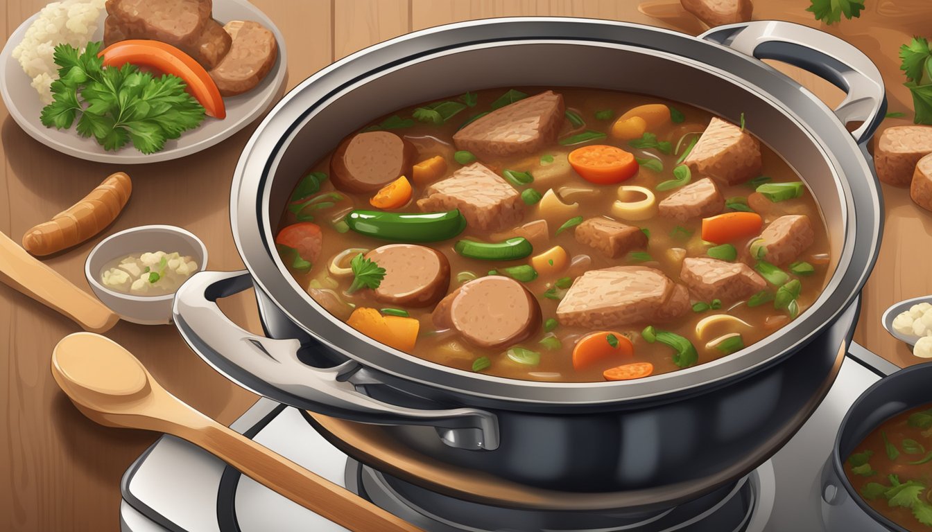 A large pot of chicken and sausage gumbo simmers on a stovetop, filled with a rich, aromatic broth and chunks of tender meat and vegetables