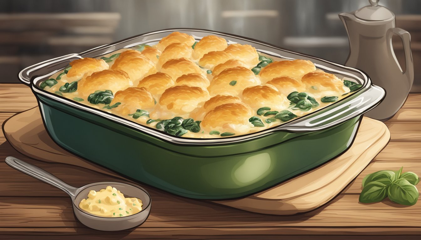 A bubbling casserole dish filled with layers of tender chicken, creamy spinach, and melted cheese, sitting on a rustic wooden table