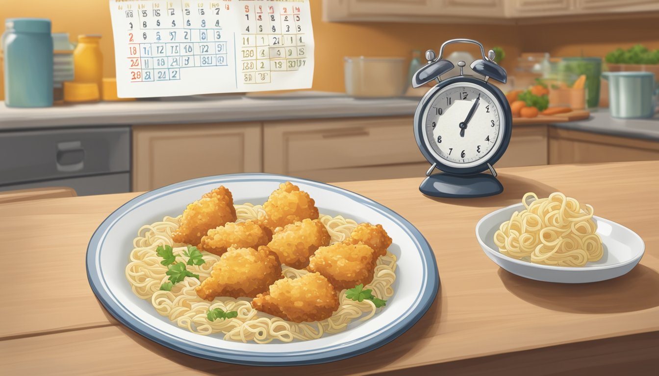 A plate of chicken and noodle bites sits on a countertop, surrounded by a calendar indicating the passage of time. The food gradually deteriorates as mold begins to form