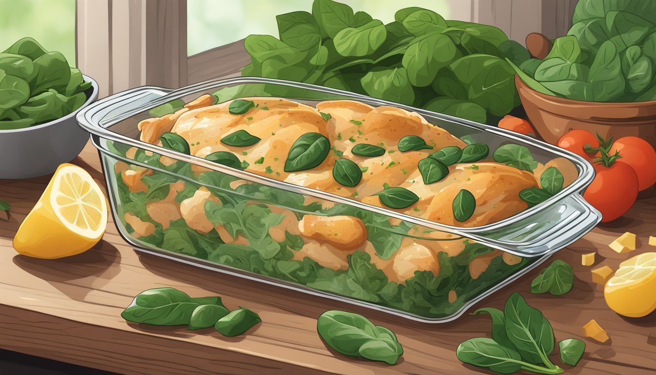 A chicken and spinach casserole sits in a glass baking dish on a wooden table, surrounded by fresh ingredients like spinach leaves, chicken breasts, and seasonings