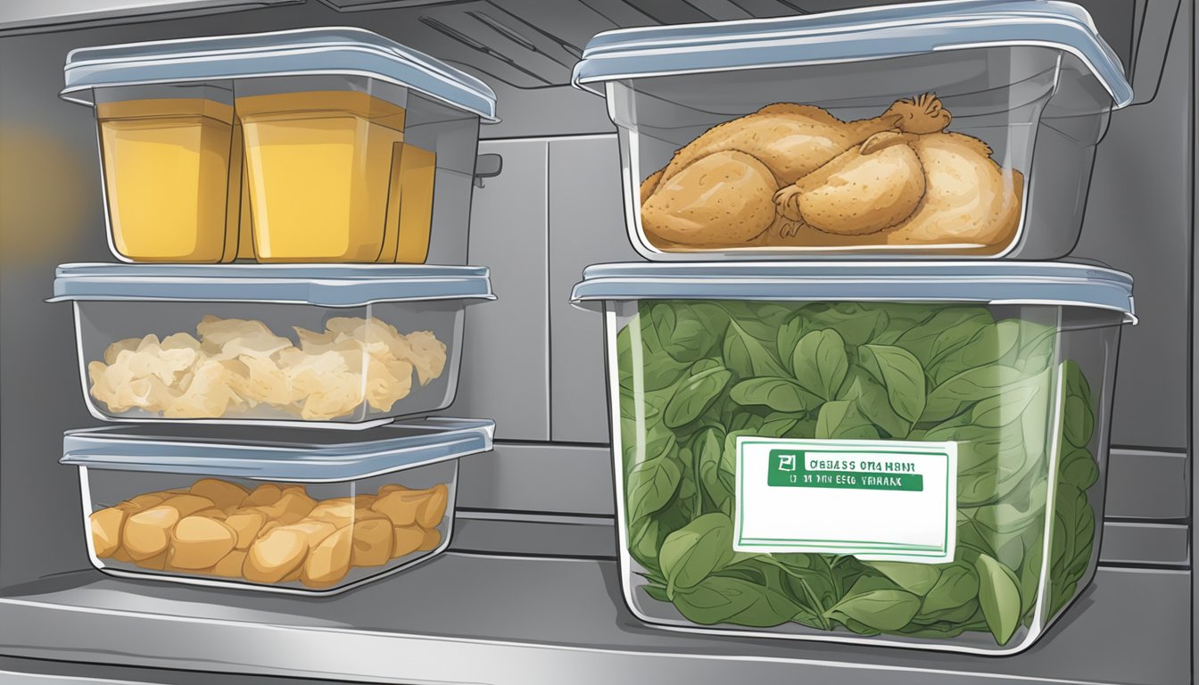 A chicken and spinach casserole sits in a sealed container in the refrigerator, with a label indicating the date it was made